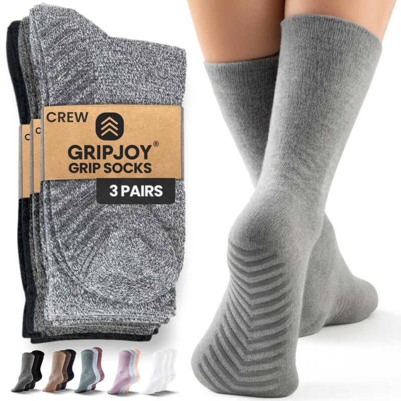 Gripjoy Grip Socks for Women, Grippy, Non Slip, Gripper Socks for Women & Men, Pilates, Yoga, Hospital, Non Skid, 3 Pairs, Crew, Mix Gray - Image 1